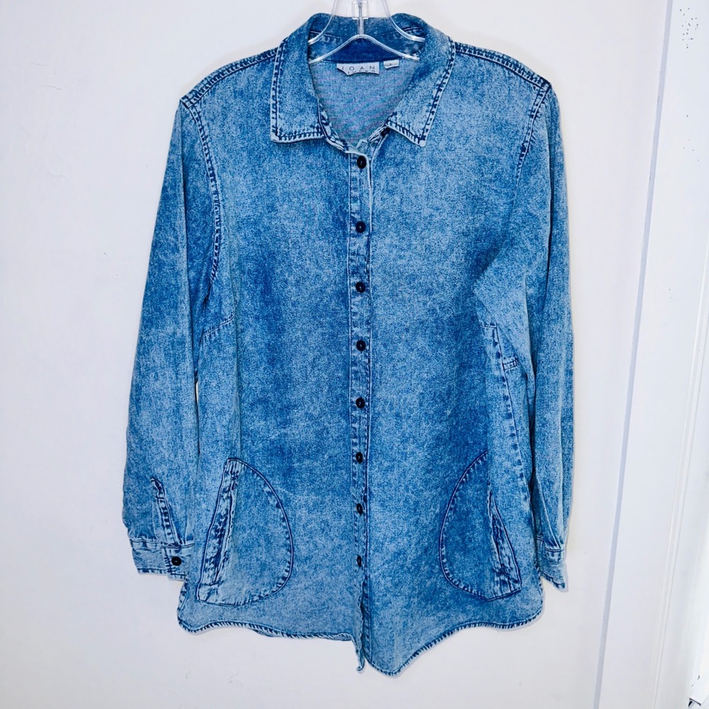 Joan Rivers Womens Acid Wash Denim Shirt Blue Long Sleeve Button Up Large